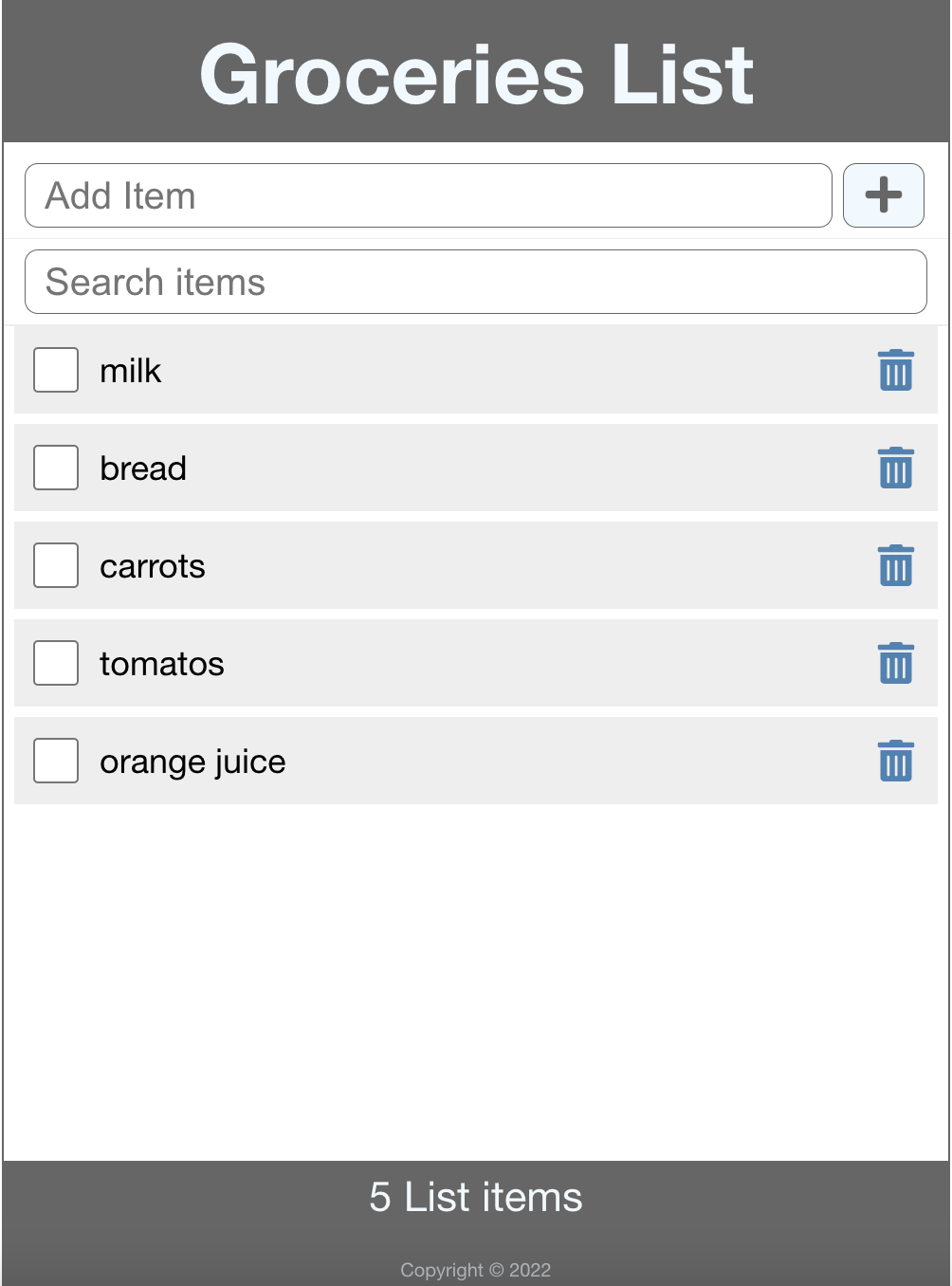 Groceries list app screenshot